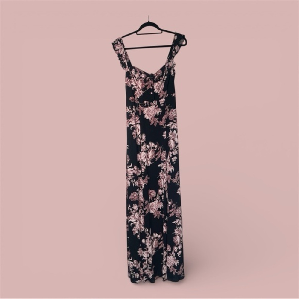 Flynn Skye Bardot Maxi Black Dress With  Dramatic Pink And Cream Blooms Medium